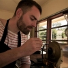 Charles sample roasting at Don Mayo Micromill with Luis Pablo....